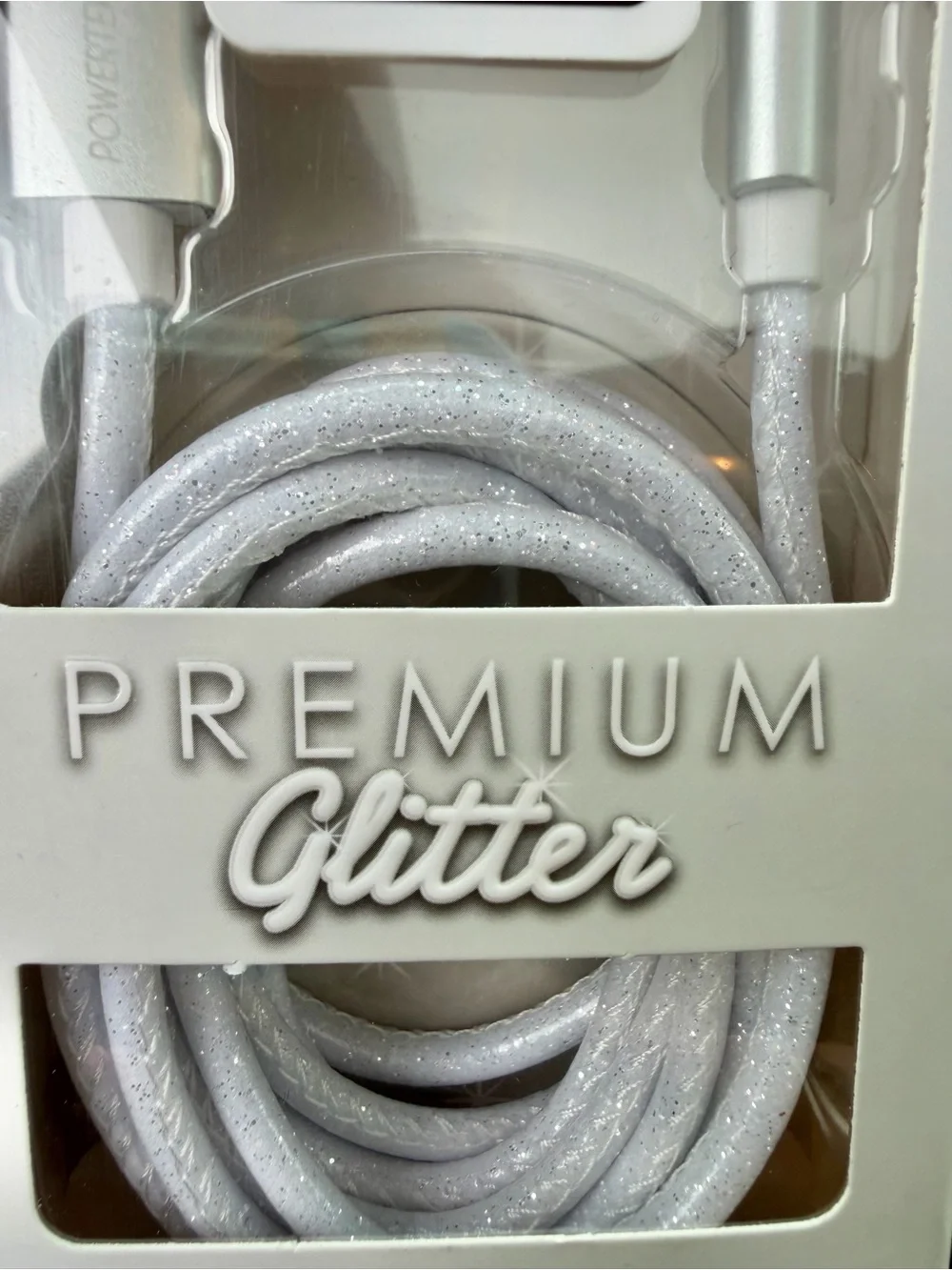 NEW Powertek Premium Glitter USB-A to USB-C Cable — White/Silver.